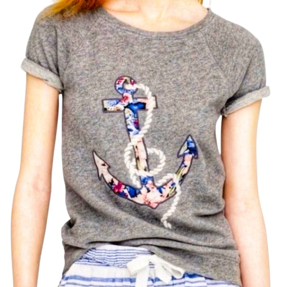 J Crew Medium Gray Terry Multicolor Floral Anchor Short Sleeve Sweatshirt